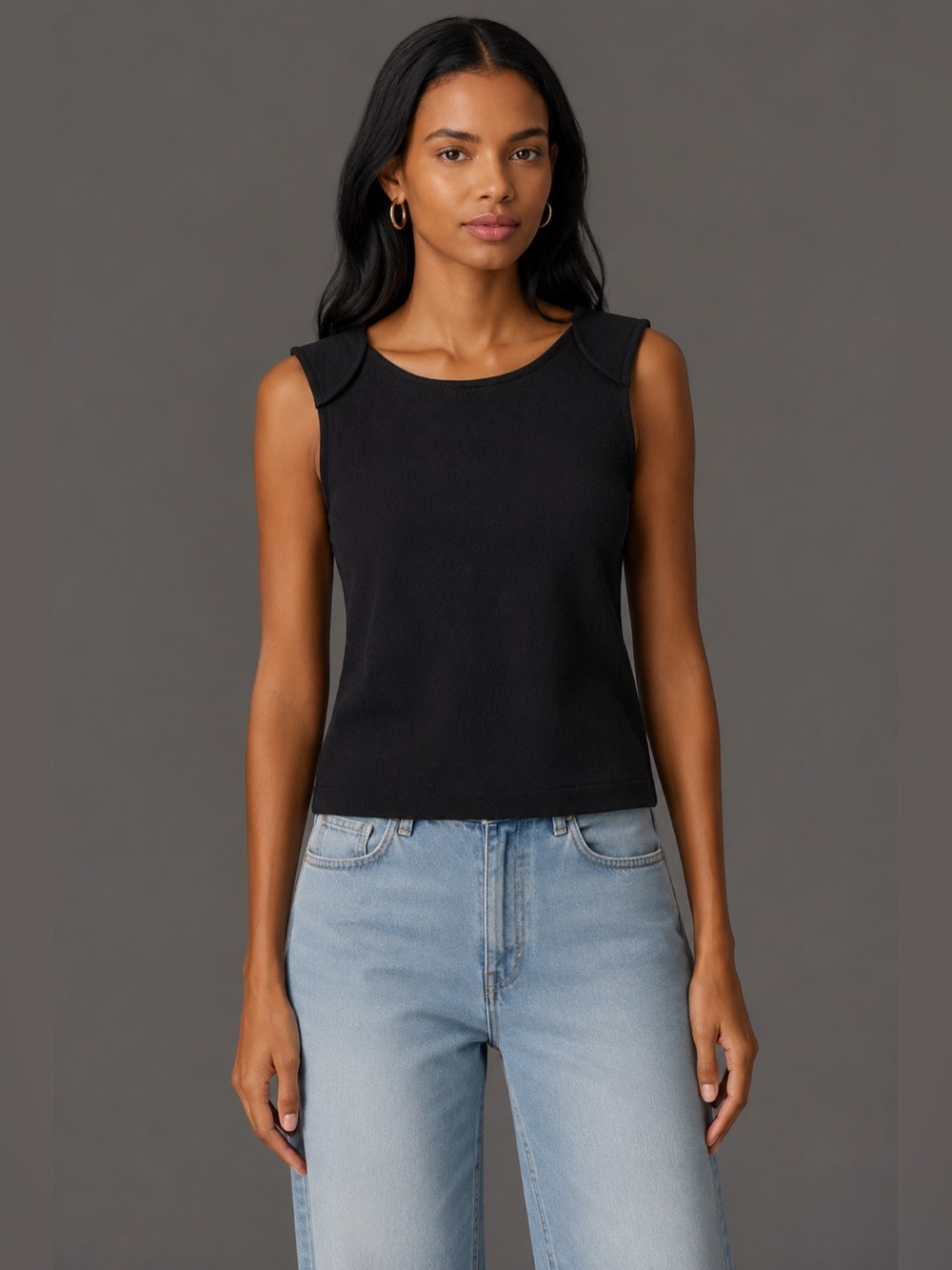 Anthropologie Maeve Black Textured Shell Tank Top Folded Shoulder Detail Size M